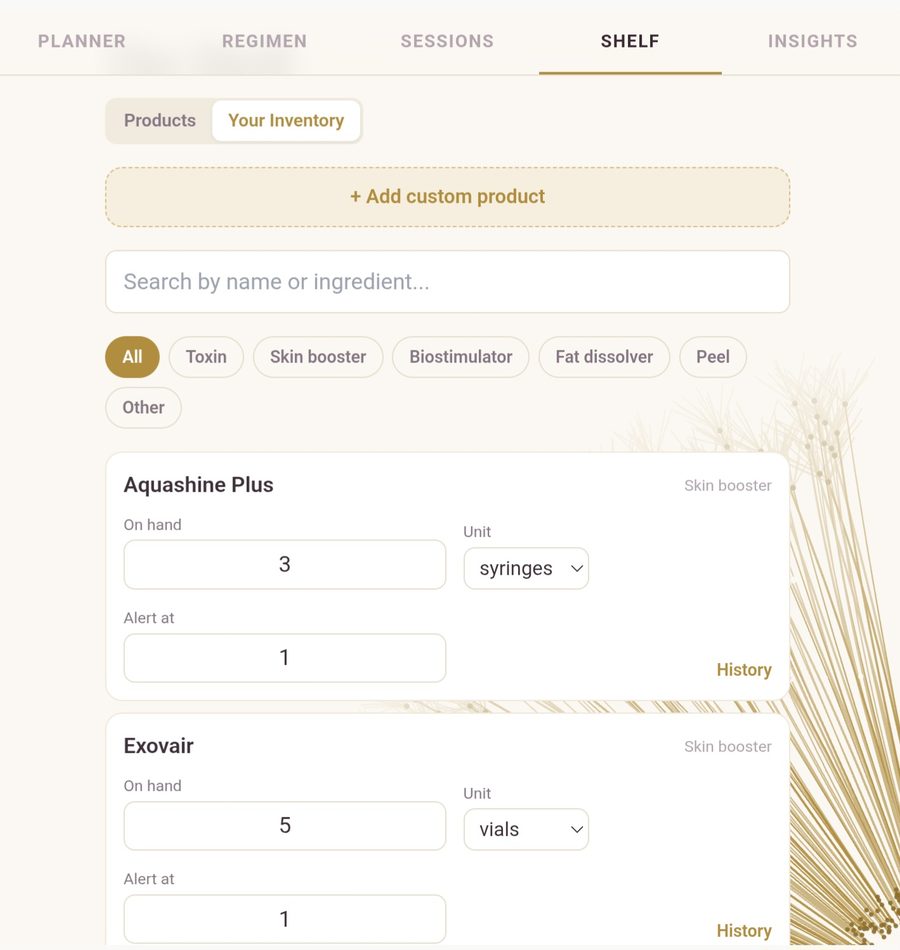 Your Inventory: on-hand counts, units, and an alert level per product