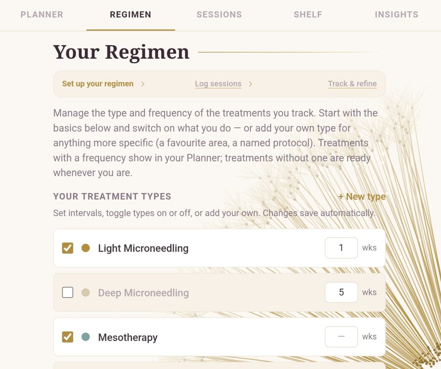 The Regimen page: treatment types with their own colors and week intervals